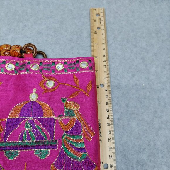 Handcrafted Pink Embroidered Elephant Bead Handle Purse - Picture 6 of 7